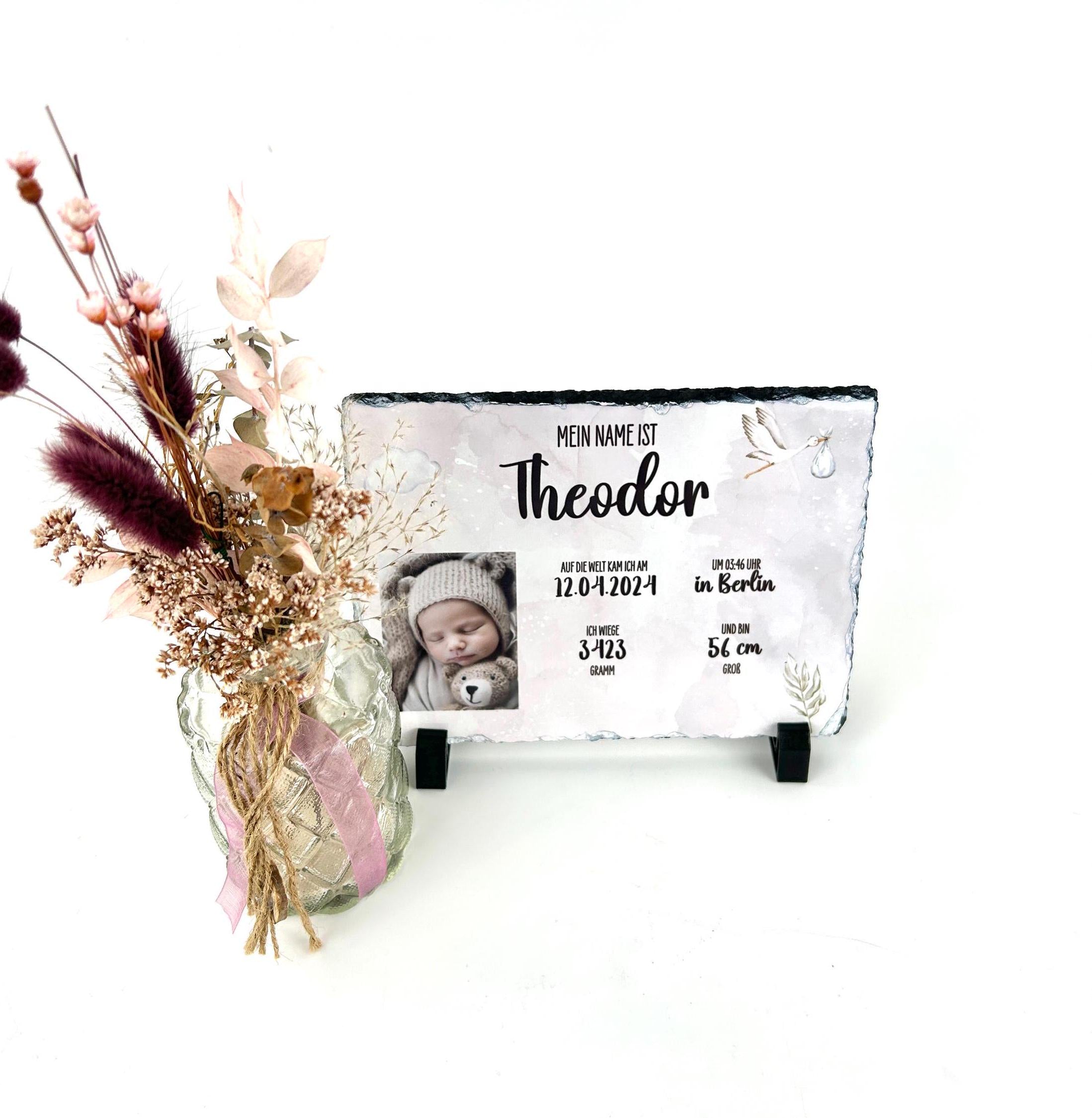 Schieferplatte Individuell Bedruckt | 20cm x 15cm | Geschenk zur Geburt Taufe