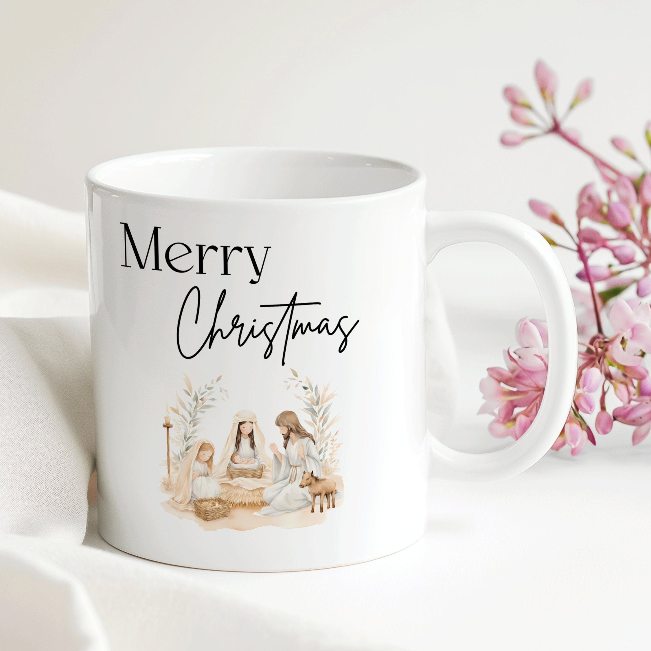 Tasse Merry Christmas | Krippe Stall Josef Maria Jesus | Weihnachten Geburtstag Geschenk Arbeit | 330 ml - 0242