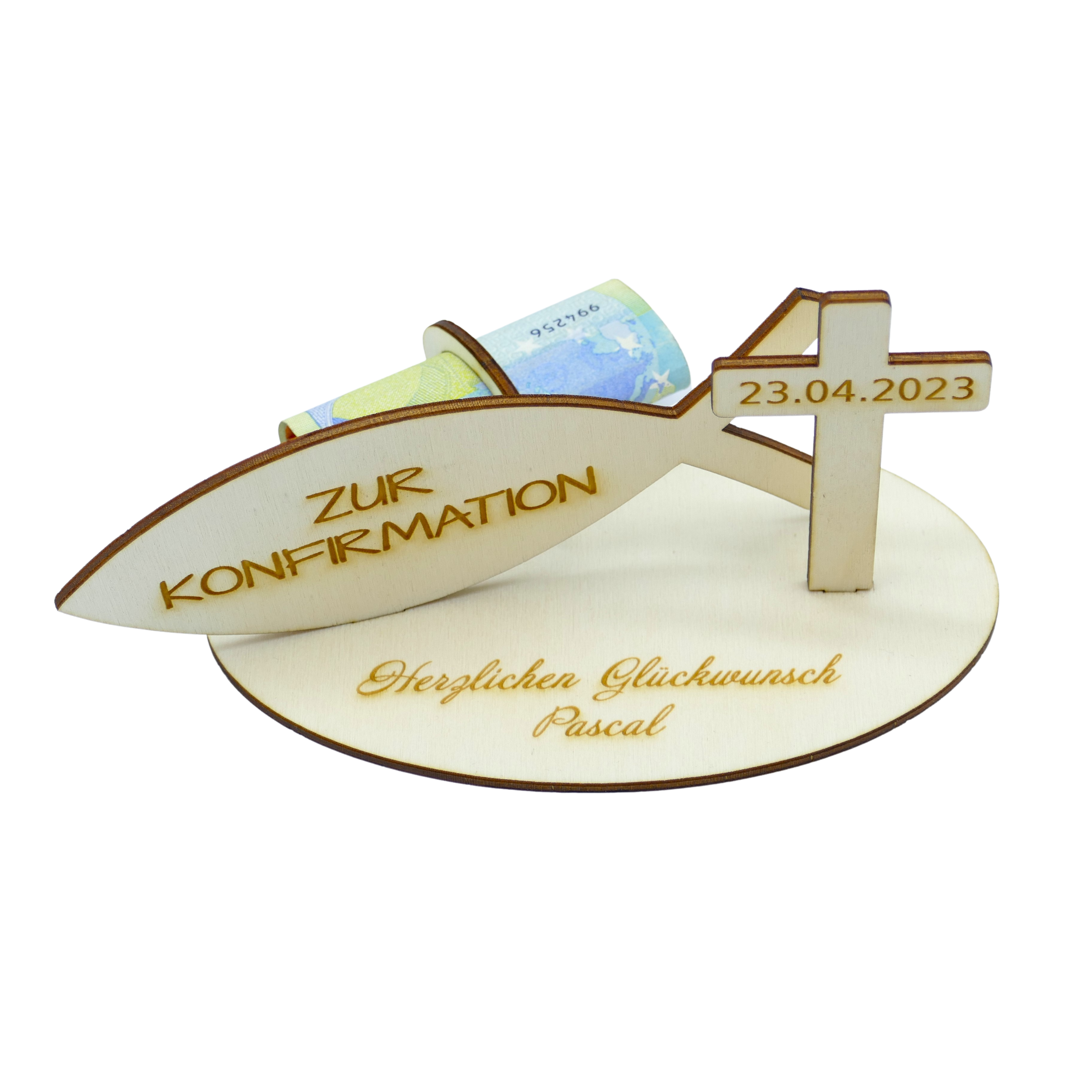 Geldgeschenk zur Konfirmation, Taufe, Kommunion | Fisch & Kreuz mit Namensgravur aus Holz - Wiens3d